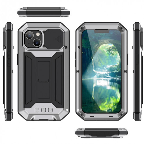 R-Just Caméra coulissante anti-poussière imperméable à l'imperméable à la poussière de poussière + étui de protection en silicone avec support pour iPhone 13 (argent) SR902D1746-07
