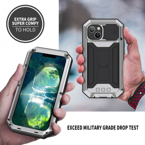 R-Just Caméra coulissante anti-poussière imperméable à l'imperméable à la poussière de poussière + étui de protection en silicone avec support pour iPhone 13 (argent) SR902D1746-07