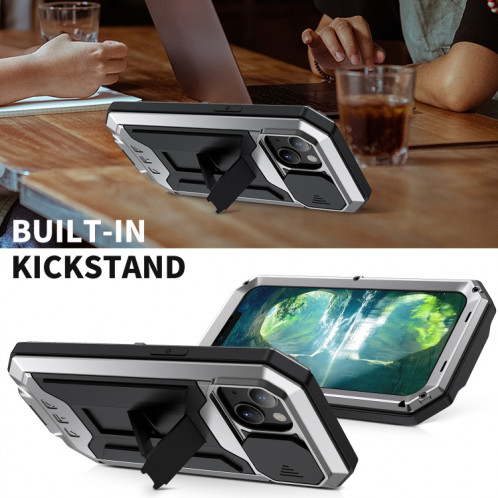 R-Just Caméra coulissante anti-poussière imperméable à l'imperméable à la poussière de poussière + étui de protection en silicone avec support pour iPhone 13 (argent) SR902D1746-07