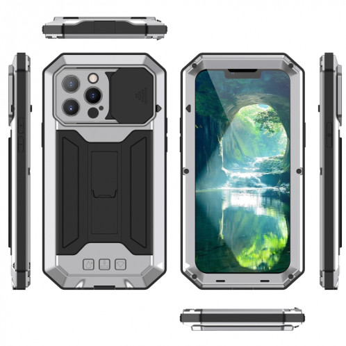 Caméra coulissante R-Just Sliding Pockeproof imperméable à l'imperméable à la poussière de la poussière + étui de protection en silicone avec support pour iPhone 13 Pro (argent) SR903D536-07