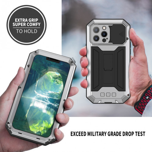Caméra coulissante R-Just Sliding Pockeproof imperméable à l'imperméable à la poussière de la poussière + étui de protection en silicone avec support pour iPhone 13 Pro (argent) SR903D536-07