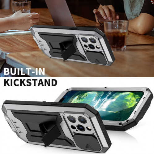 Caméra coulissante R-Just Sliding Pockeproof imperméable à l'imperméable à la poussière de la poussière + étui de protection en silicone avec support pour iPhone 13 Pro (argent) SR903D536-07