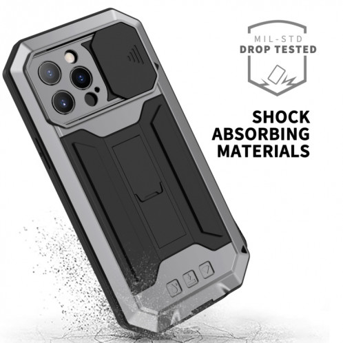 Caméra coulissante R-Just Sliding Pockeproof imperméable à l'imperméable à la poussière de la poussière + étui de protection en silicone avec support pour iPhone 13 Pro (argent) SR903D536-07