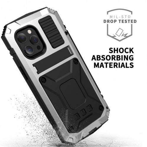 R-juste antichoc imperméable à l'imperméable à la poussière anti-poussière + étui de protection en silicone avec support pour iPhone 13 (argent) SR002D93-07