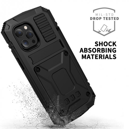 R-juste antichoc imperméable à l'imperméable à la poussière anti-poussière + étui de protection en silicone avec support pour iPhone 13 Pro (Noir) SR003A1737-07