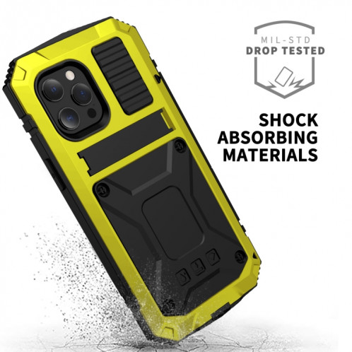 R-juste antichoc imperméable à l'imperméable à la poussière anti-poussière + étui de protection en silicone avec support pour iPhone 13 Pro (jaune) SR003C1992-07