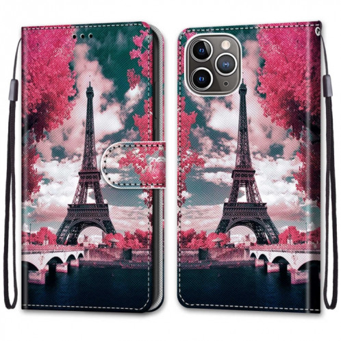 Dessin coloré Texture Croix Texture Horizontale Étui en cuir PU avec support & carte Slots & Portefeuille et longe pour iPhone 13 Pro (pont de tour de fleurs rose) SH003B1782-07