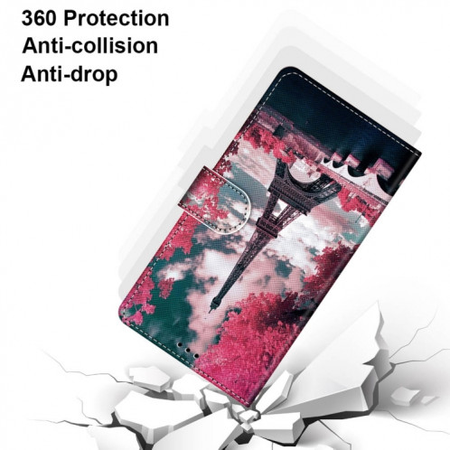 Dessin coloré Texture Croix Texture Horizontale Étui en cuir PU avec support & carte Slots & Portefeuille et longe pour iPhone 13 Pro (pont de tour de fleurs rose) SH003B1782-07