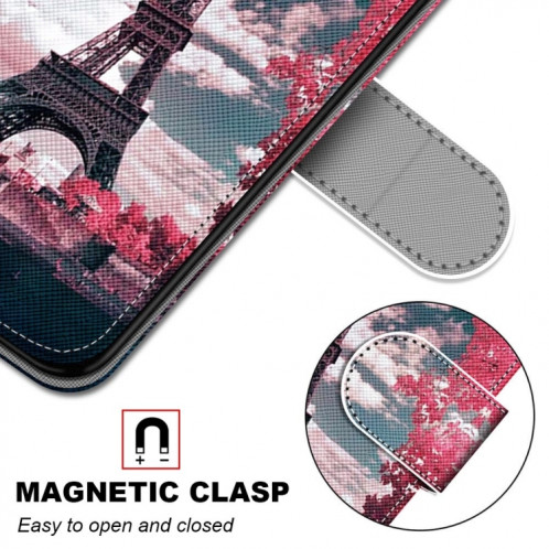 Dessin coloré Texture Croix Texture Horizontale Étui en cuir PU avec support & carte Slots & Portefeuille et longe pour iPhone 13 Pro (pont de tour de fleurs rose) SH003B1782-07