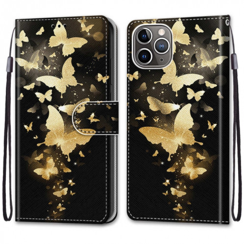 Dessin coloré Texture Croix Texture Horizontale Boîtier en cuir PU avec porte-carte et portefeuille et lanière pour iPhone 13 Pro (groupe de papillons d'or) SH003N1275-07