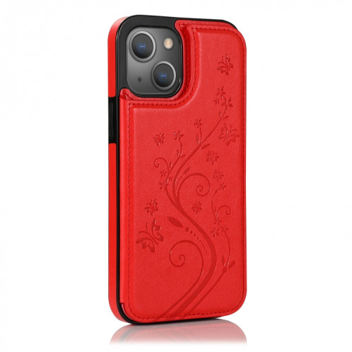 Fleurs de papillons Fleurs double boucle PU + TPU étui de protection avec support et créneaux de carte et cadre photo pour iPhone 13 (rouge) SH102H785-07