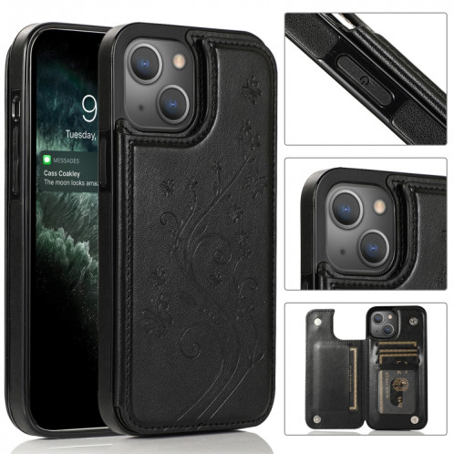 Fleurs de papillons Fleurs double boucle PU + TPU étui de protection avec support & carte Slots & Cadre photo pour iPhone 13 Pro (Noir) SH103A649-07