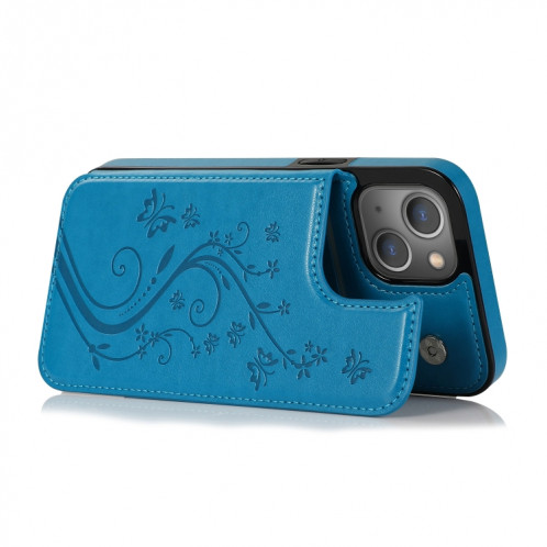 Papillons Fleurs Double Boucle PU + TPU Cas de protection avec support & Cadre Slots & Cadre photo pour iPhone 13 Pro (Bleu) SH103B71-07