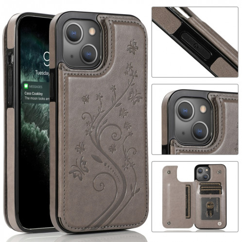 Fleurs de papillons Fleurs Double Boucle PU + TPU Cas de protection avec porte-carte et cadre photo pour iPhone 13 Pro (gris) SH103D1415-07