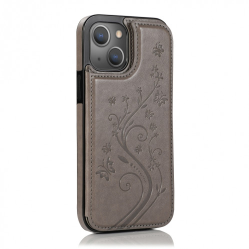 Fleurs de papillons Fleurs Double Boucle PU + TPU Cas de protection avec porte-carte et cadre photo pour iPhone 13 Pro (gris) SH103D1415-07