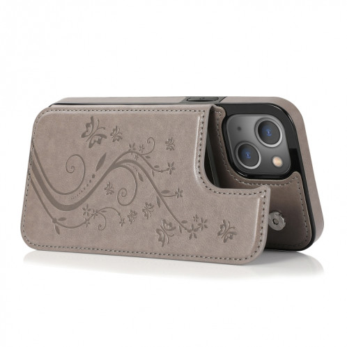 Fleurs de papillons Fleurs Double Boucle PU + TPU Cas de protection avec porte-carte et cadre photo pour iPhone 13 Pro (gris) SH103D1415-07