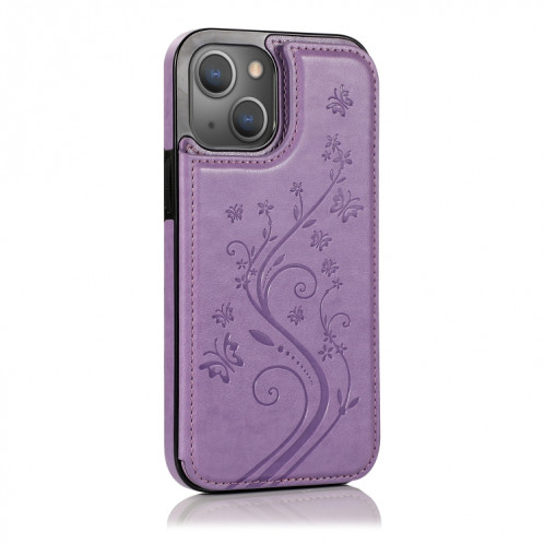 Papillons Fleurs Double Boucle PU + TPU Cas de protection avec support & Cadre Slots & Cadre photo pour iPhone 13 Pro (violet) SH103E1216-07