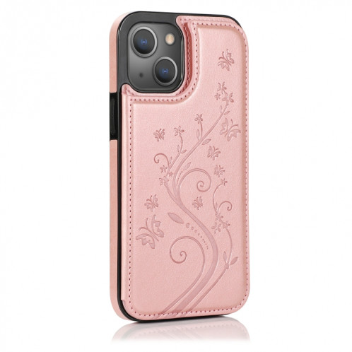 Papillons Fleurs Double Boucle PU + TPU Cas de protection avec support & Cadre Slots & Cadre photo pour iPhone 13 Pro (Rose Gold) SH103I9-07