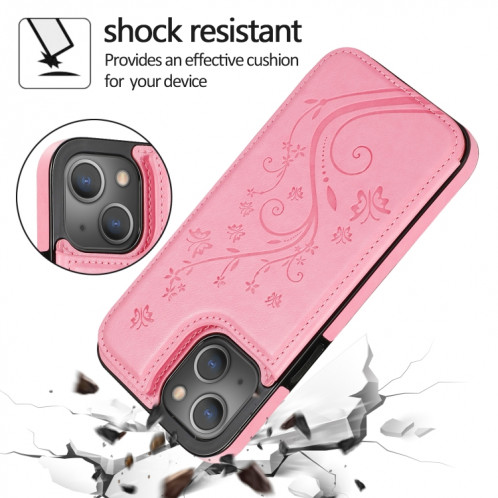 Papillons Fleurs Double Boucle PU + TPU Cas de protection avec support & Cadre Slots & Cadre photo pour iPhone 13 Pro (Rose Gold) SH103I9-07