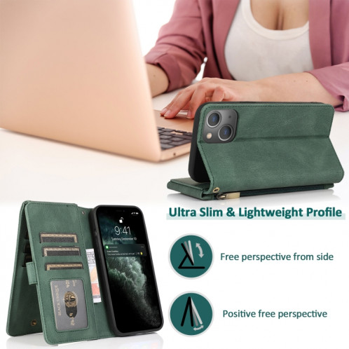 Peau-Senteur Crazy Horse Texture Fermeture à glissière Portefeuille Sac à portefeuille Horizontal Horizontal Flip Cuir Sac avec support & Card Slots & Portefeuille et longe pour iPhone 13 Pro (vert foncé) SH503A853-07