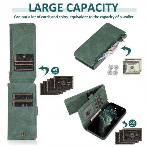 Peau-Senteur Crazy Horse Texture Fermeture à glissière Portefeuille Sac à portefeuille Horizontal Horizontal Flip Cuir Sac avec support & Card Slots & Portefeuille et longe pour iPhone 13 Pro (vert foncé) SH503A853-07