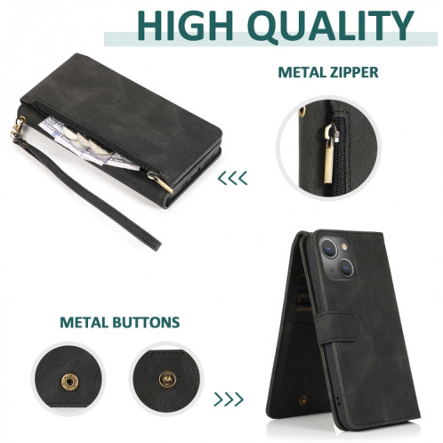 Sac à la peau Crazy Horse Texture Zipper Portefeuille Sac à portefeuille Horizontal Horizontal Flip Coating avec porte-carte Slots & Portefeuille et longe pour iPhone 13 PRO (Noir) SH503B882-07