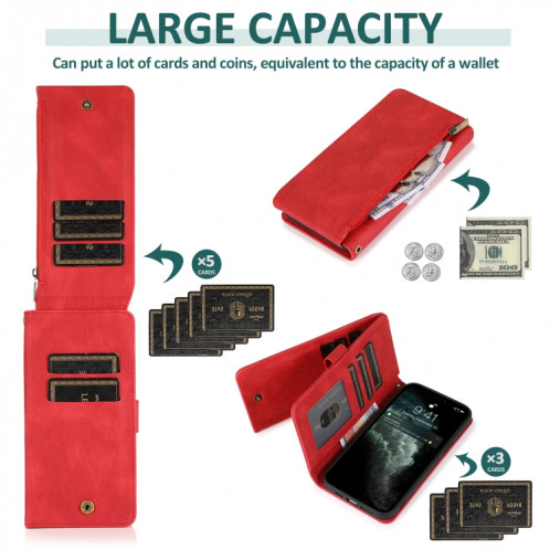 Texture de la peau Crazy-Senteur Crazy Horse Texture Fermeture à glissière Portefeuille Horizontal Flip Cuir Coffret avec support & Card Slots & Portefeuille et longe pour iPhone 13 Pro (rouge) SH503C1437-07