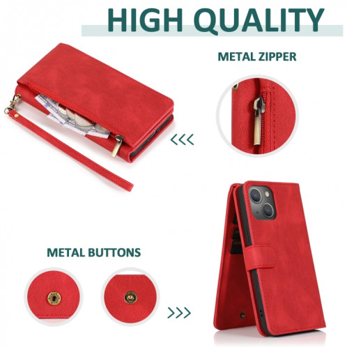 Texture de la peau Crazy-Senteur Crazy Horse Texture Fermeture à glissière Portefeuille Horizontal Flip Cuir Coffret avec support & Card Slots & Portefeuille et longe pour iPhone 13 Pro (rouge) SH503C1437-07