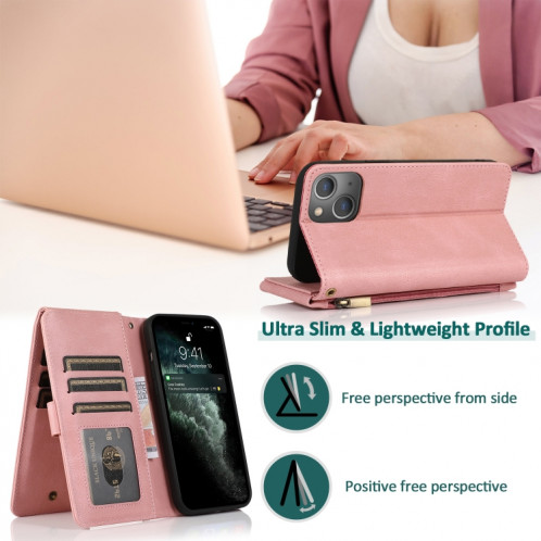 Peau-Senteur Crazy Horse Texture Fermeture à glissière Portefeuille Portefeuille Horizontal Horizontal Flip Case avec support & Card Slots & Portefeuille et Lanière pour iPhone 13 Pro (Rose Gold) SH503D1256-07