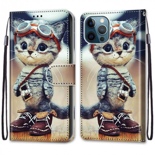Dessin coloré Texture Croix Texture Horizontale Étui en cuir PU avec porte-cartes et portefeuille et lanière pour iPhone 13 Pro (Chaussures en cuir chat) SH803A1644-07