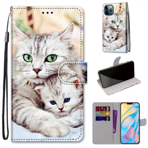 Dessin coloré Texture Texture Horizontale Étui en cuir PU avec support & carte Slots & Portefeuille et longe pour iPhone 13 Pro (Big Cat Holding Kitten) SH803E1740-07