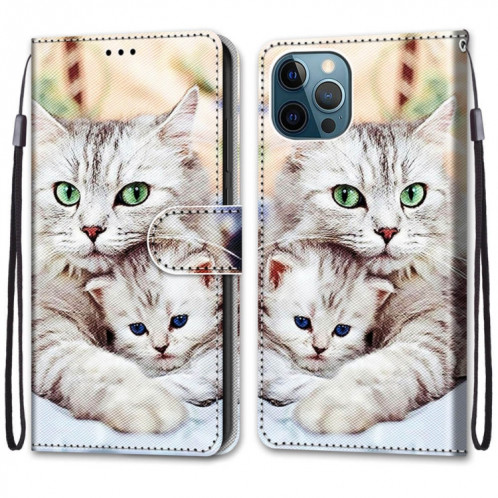 Dessin coloré Texture Texture Horizontale Étui en cuir PU avec support & carte Slots & Portefeuille et longe pour iPhone 13 Pro (Big Cat Holding Kitten) SH803E1740-07
