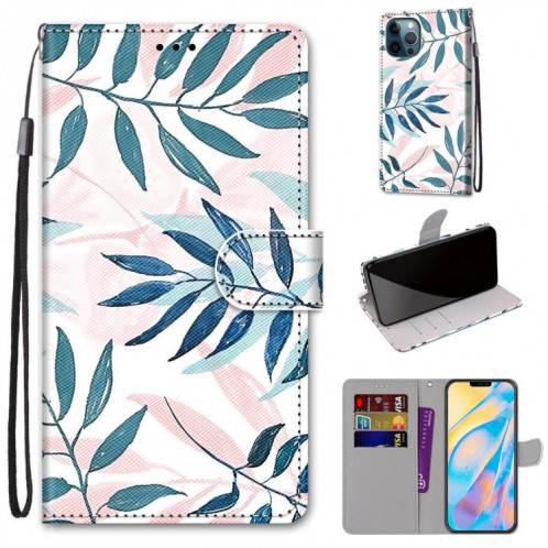 Dessin coloré Texture Croix Horizontal Flip PU Coque en cuir PU avec support & carte Slots & Portefeuille et longe pour iPhone 13 Pro (feuille verte rose) SH803F318-07