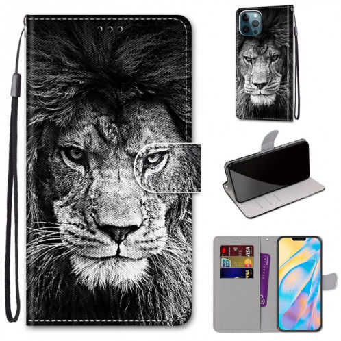 Dessin coloré Texture Croix Texture horizontale PU Coque en cuir PU avec porte-carte et portefeuille et lanière pour iPhone 13 Pro (tête de lion blanche noire B11) SH803K695-07