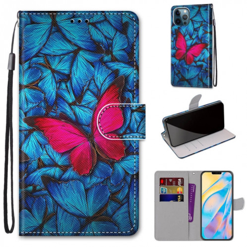 Dessin coloré Texture Texture horizontale Étui en cuir PU avec support & carte Slots & Portefeuille et longe pour iPhone 13 Pro (Butterfly rouge bleu) SH803N1997-07