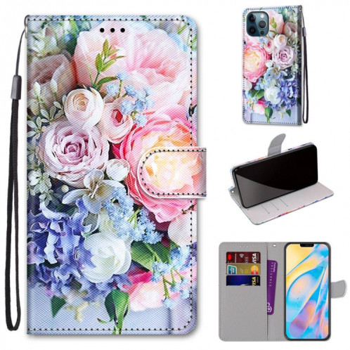 Dessin coloré Texture Croix Texture horizontale Boîtier en cuir PU avec porte-cartes et portefeuille et lanière pour iPhone 13 Pro (bouquet rose clair) SH803P393-07