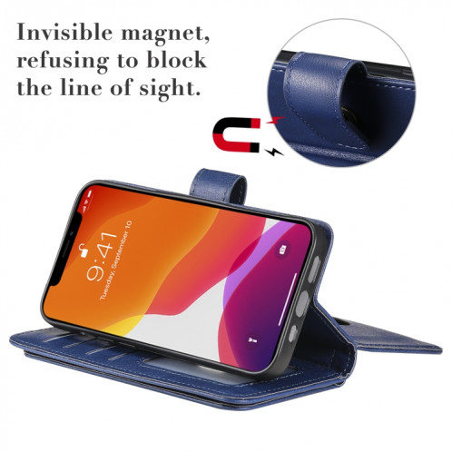Boucle de cuivre magnétique multifonctionnelle Boucle horizontale en cuir de couleur solide avec 10 fentes de cartes et portefeuille et cadre photo pour iPhone 13 (bleu foncé) SH902E1746-07