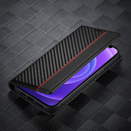 LC.Meekeke Carbon Fibre PU + TPU Horizontal Flip Coating Boîtier avec porte-carte et portefeuille pour iPhone 13 Pro (Vertical Black) SL103B994-07