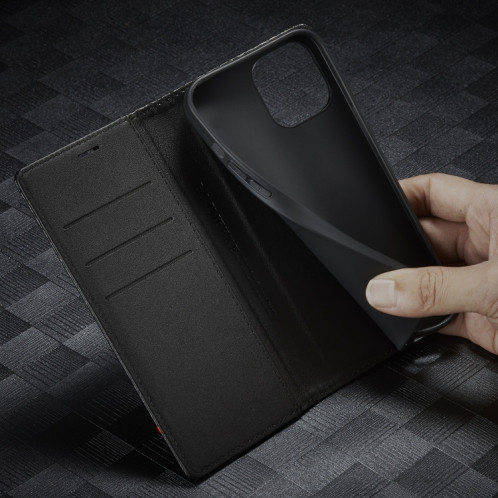 LC.Meekeke Carbon Fibre PU + TPU Horizontal Flip Coating Boîtier avec porte-carte et portefeuille pour iPhone 13 Pro (Vertical Black) SL103B994-07