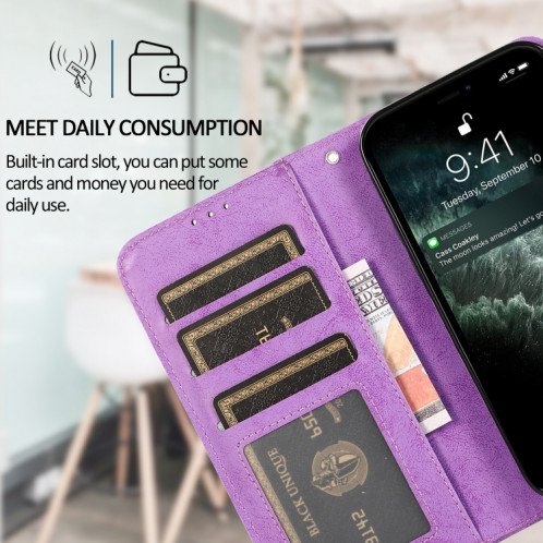Rétro 2 en 1 étui en cuir horizontal horizontal détachable avec machines à sous cartes et portefeuille pour iPhone 13 Pro (violet) SH803C1467-08