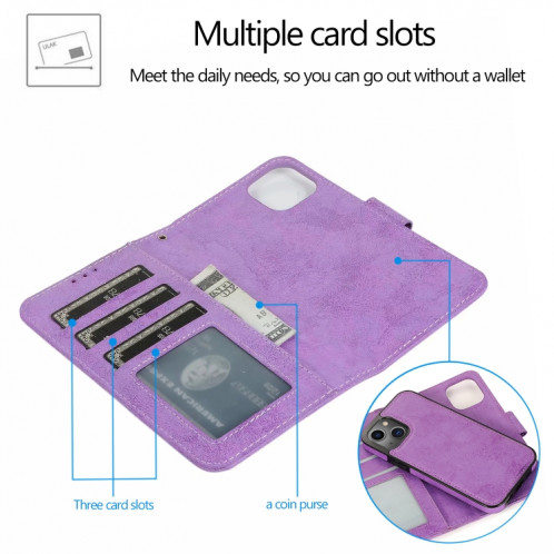 Rétro 2 en 1 étui en cuir horizontal horizontal détachable avec machines à sous cartes et portefeuille pour iPhone 13 Pro (violet) SH803C1467-08
