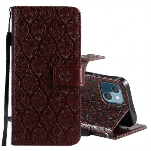 Appuyez sur l'impression de rotin motif de fleur de rotin Horizontal Flip en cuir PU avec support & carte Slots & Portefeuille et cadre photo pour iPhone 13 (Brown) SH002C1619-07