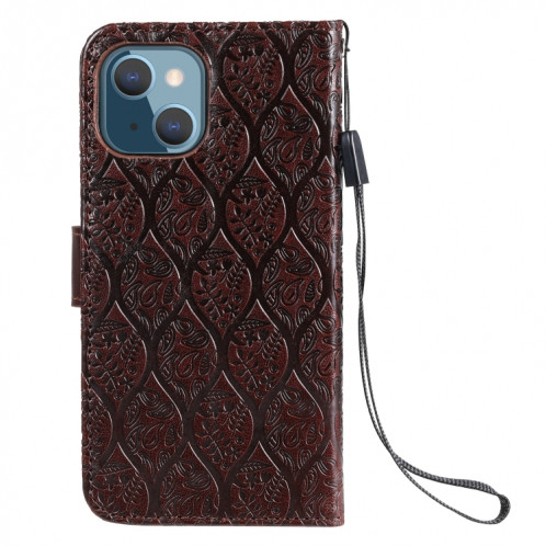 Appuyez sur l'impression de rotin motif de fleur de rotin Horizontal Flip en cuir PU avec support & carte Slots & Portefeuille et cadre photo pour iPhone 13 (Brown) SH002C1619-07