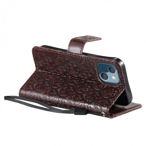 Appuyez sur l'impression de rotin motif de fleur de rotin Horizontal Flip en cuir PU avec support & carte Slots & Portefeuille et cadre photo pour iPhone 13 (Brown) SH002C1619-07