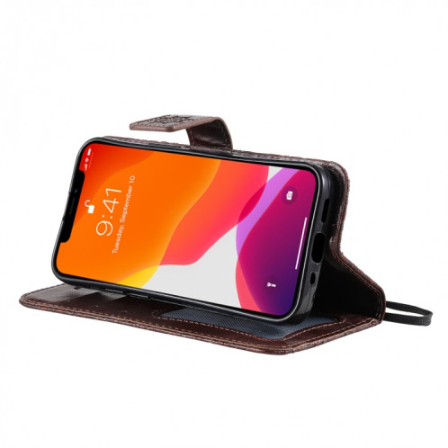 Appuyez sur l'impression de rotin motif de fleur de rotin Horizontal Flip en cuir PU avec support & carte Slots & Portefeuille et cadre photo pour iPhone 13 (Brown) SH002C1619-07