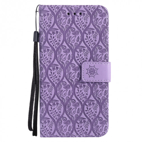 Appuyez sur l'impression de rotin motif de fleur de rotin motif horizontal case en cuir PU avec support et carte de portefeuille et cadre de portefeuille et photo pour iPhone 13 Pro (violet) SH003H380-07