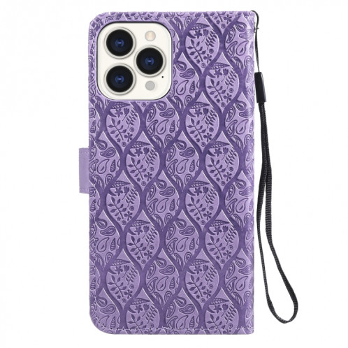 Appuyez sur l'impression de rotin motif de fleur de rotin motif horizontal case en cuir PU avec support et carte de portefeuille et cadre de portefeuille et photo pour iPhone 13 Pro (violet) SH003H380-07