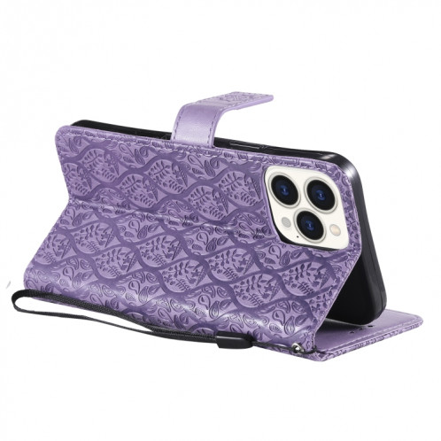 Appuyez sur l'impression de rotin motif de fleur de rotin motif horizontal case en cuir PU avec support et carte de portefeuille et cadre de portefeuille et photo pour iPhone 13 Pro (violet) SH003H380-07