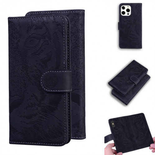 Modèle de gaufrage de tigre Horizontal Flip Cuir Case avec porte-cartes et portefeuille pour iPhone 13 Pro (Noir) SH103A1849-05