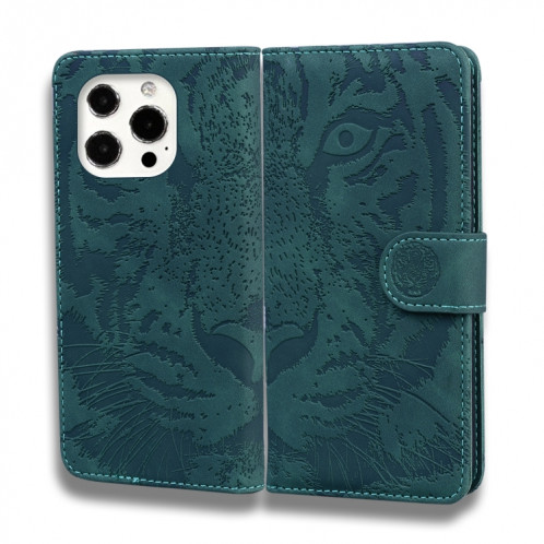 Modèle de gaufrage de tigre Horizontal Flip Cuir Too avec support et portefeuille pour iPhone 13 PRO (Vert) SH103C1985-05